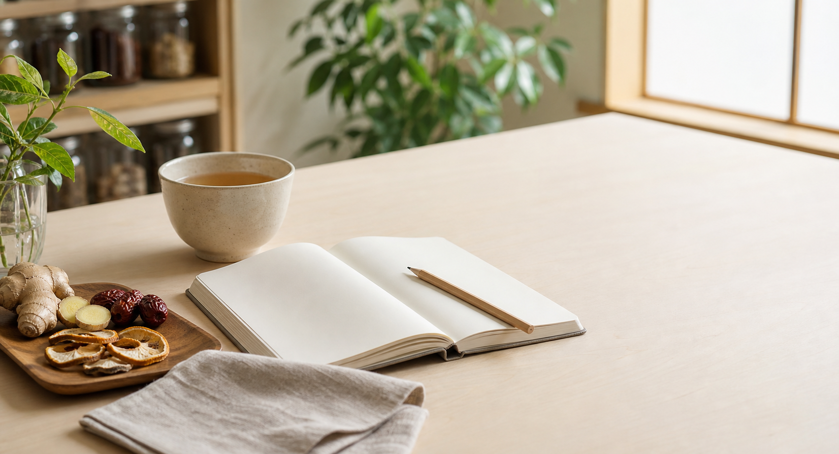 中医学と日々の養生を学ぶためのノートと温かいお茶