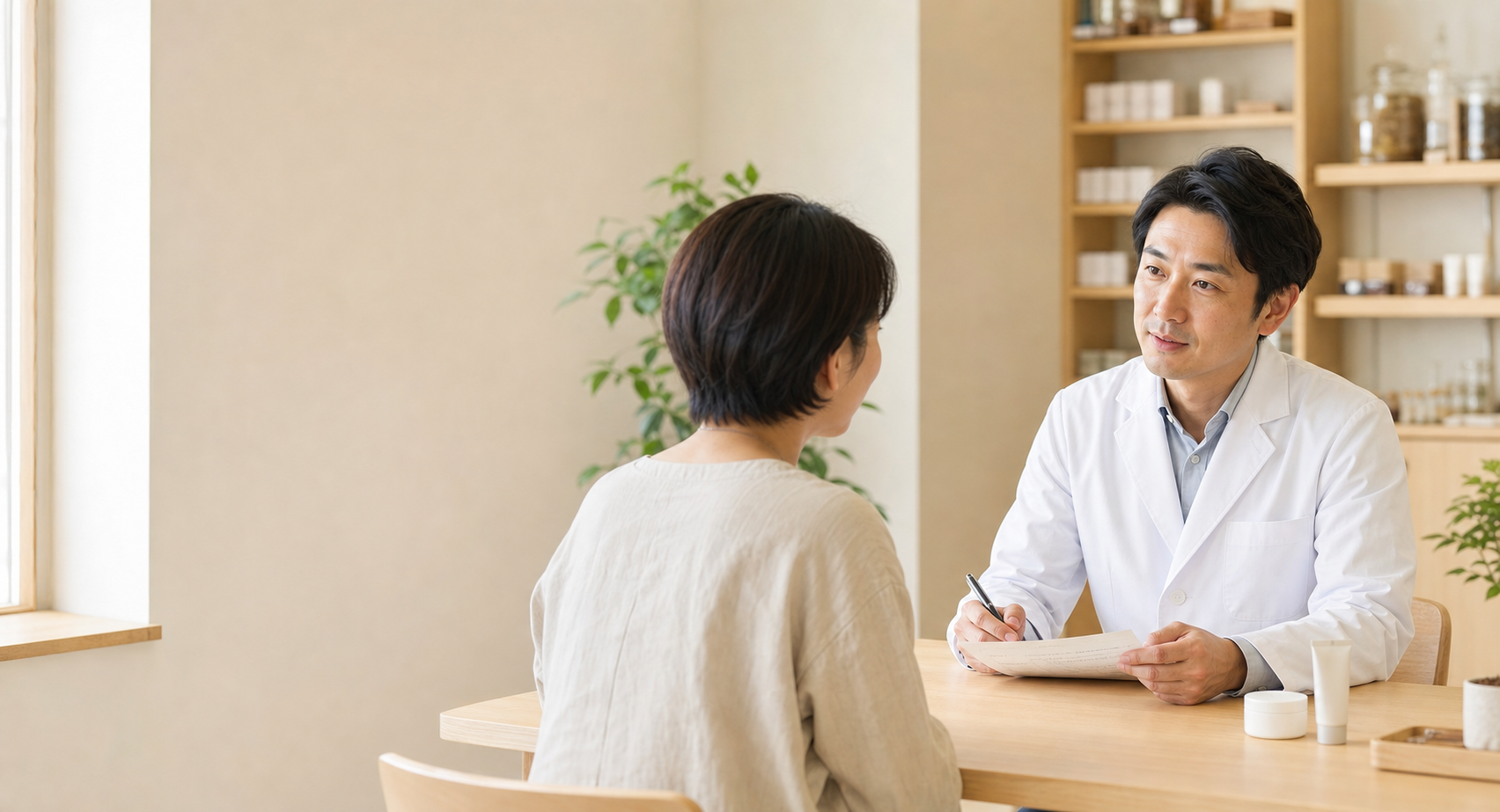 相談薬剤師が皮膚や体質のお悩みを丁寧に伺う様子